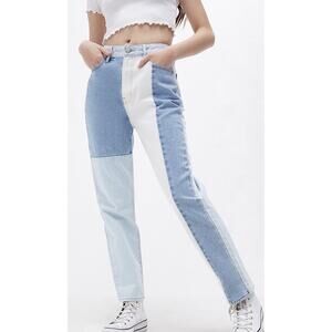 Pacsun Blue Cream Two Tone Color block Patch Work Denim Mom Jeans Size 22